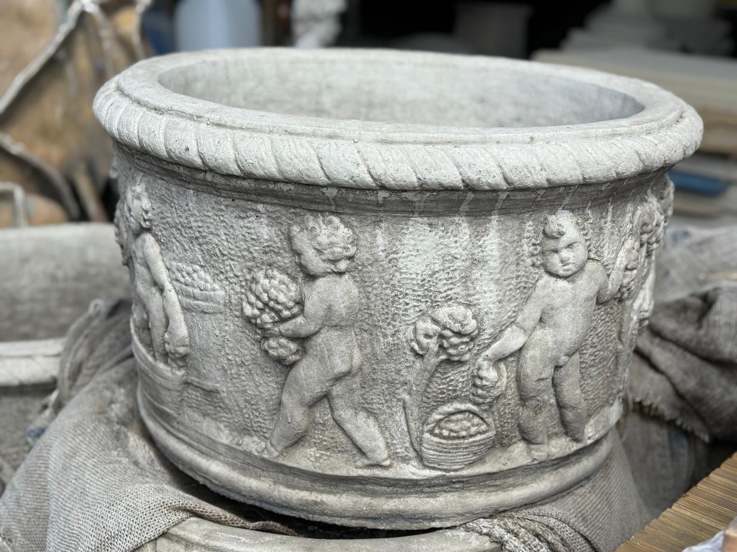Large Round Stone Cherub Pot Planter