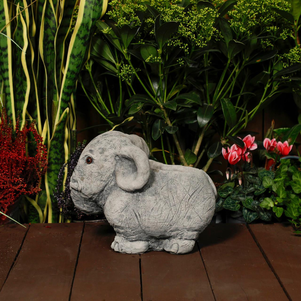 Adorable Stone Cast Elephant Planter with Carved Texture