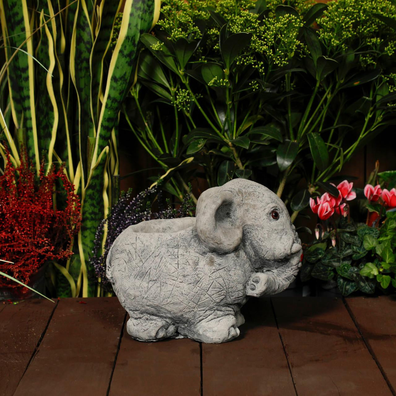 Adorable Stone Cast Elephant Planter with Carved Texture