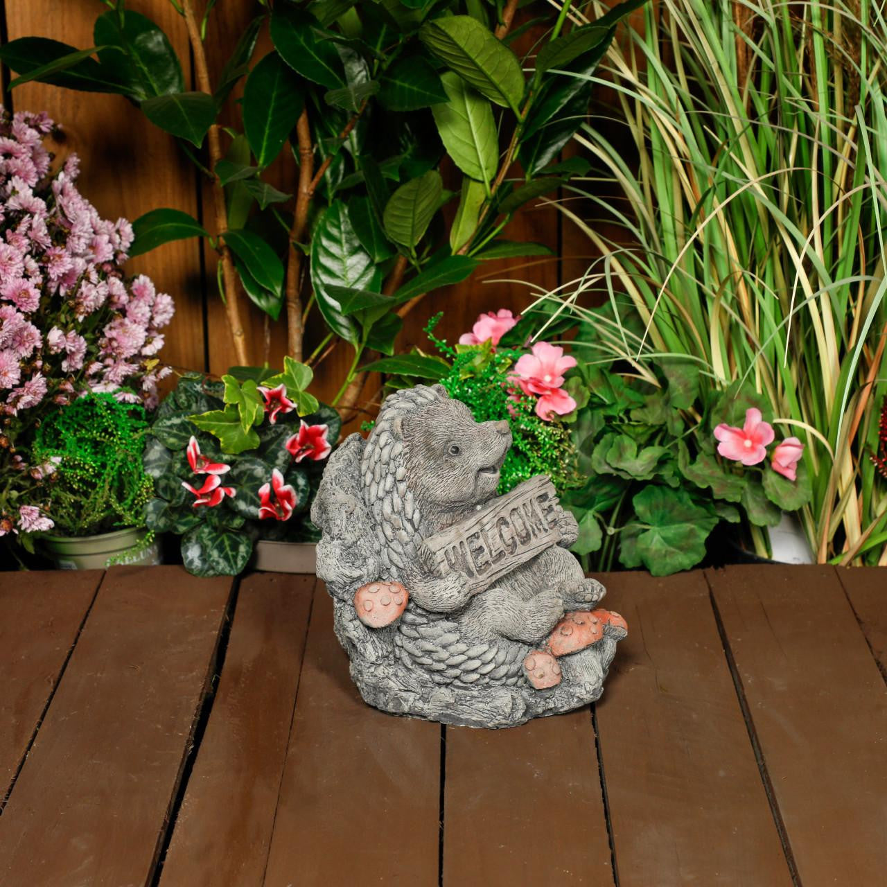 Cheerful Stone Cast Hedgehog with Welcome Sign