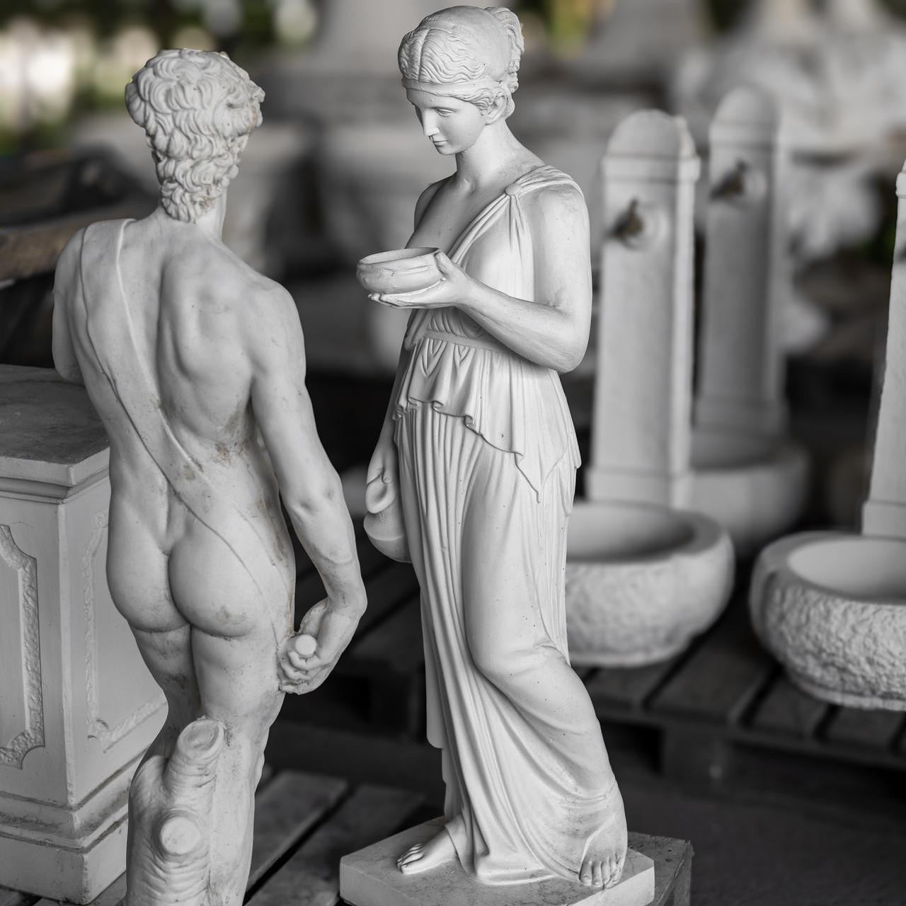 Classic White Stone Woman statue with a Tea Set
