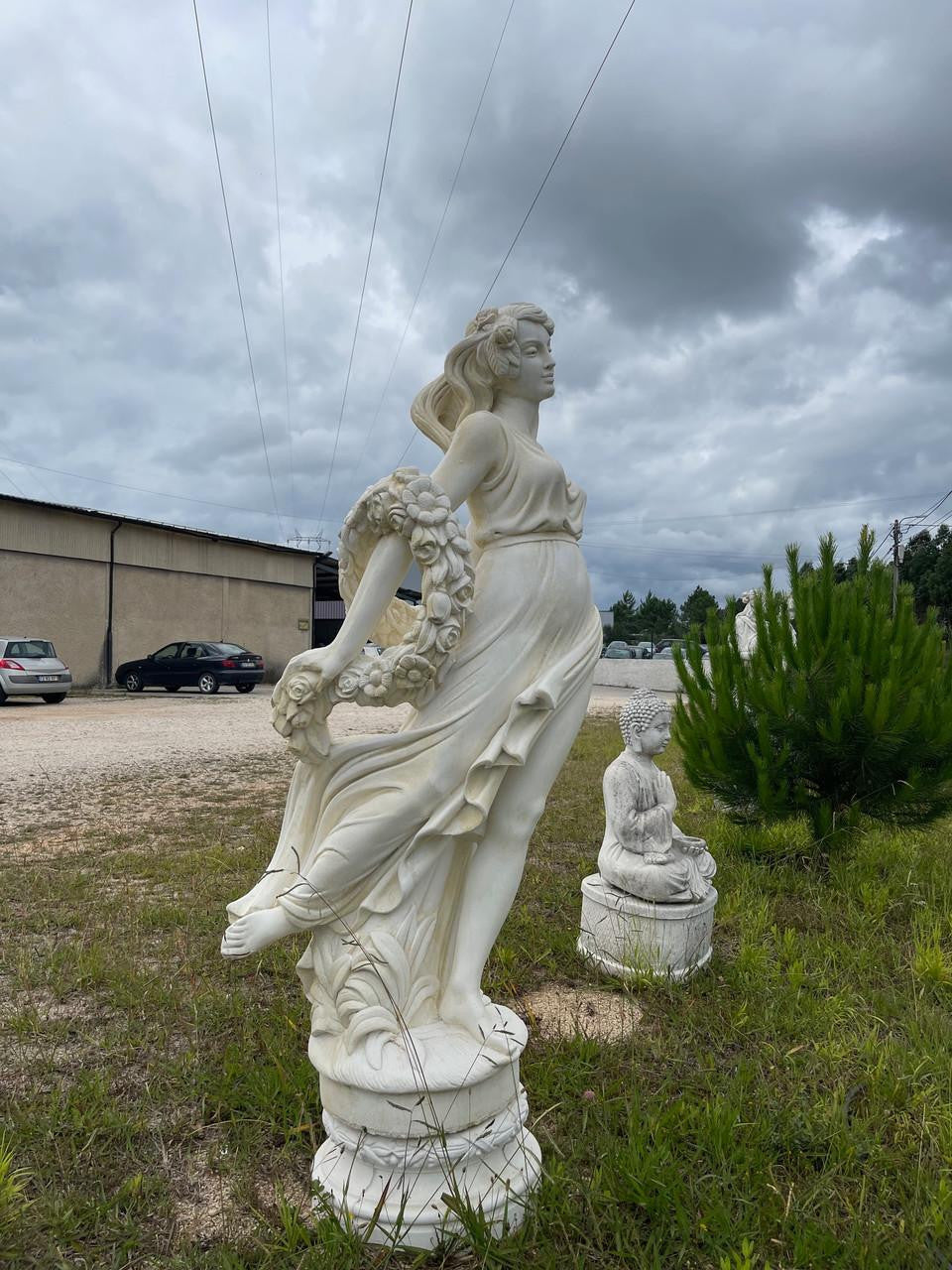 Elegant White Stone Cast Lady With A Rose Garland 1 m 76 Tall