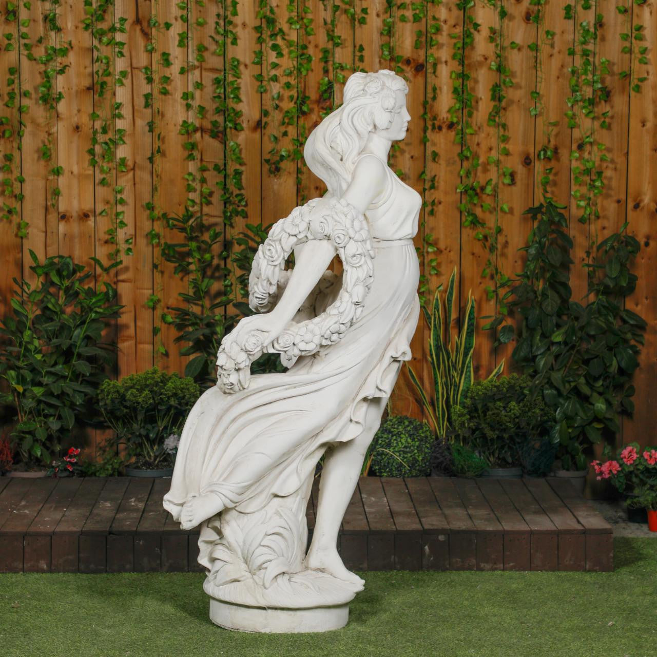 Elegant White Stone Cast Lady With A Rose Garland 1 m 76 Tall