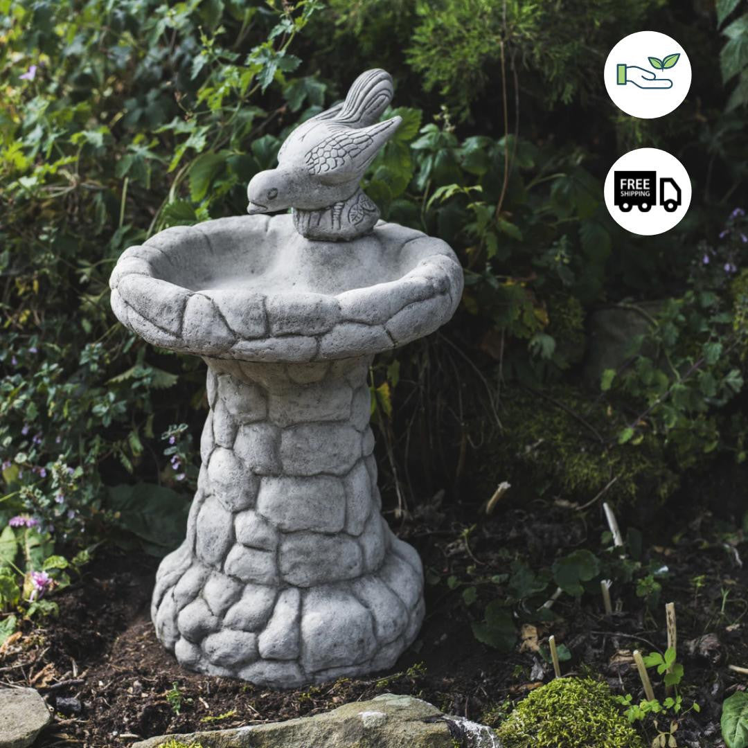 Enchanting Stone Cast Pebble Design Birdbath with Bird