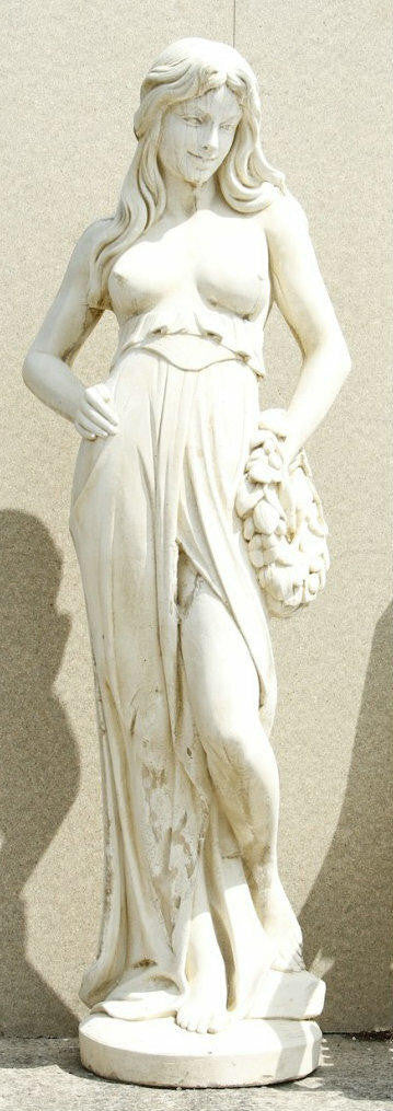 Ex Large White Stone-Cast Lady With Flower Wreath Garden Statue