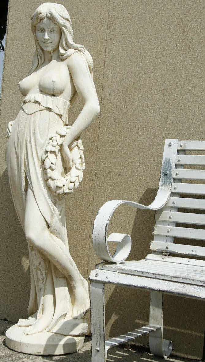 Ex Large White Stone-Cast Lady With Flower Wreath Garden Statue
