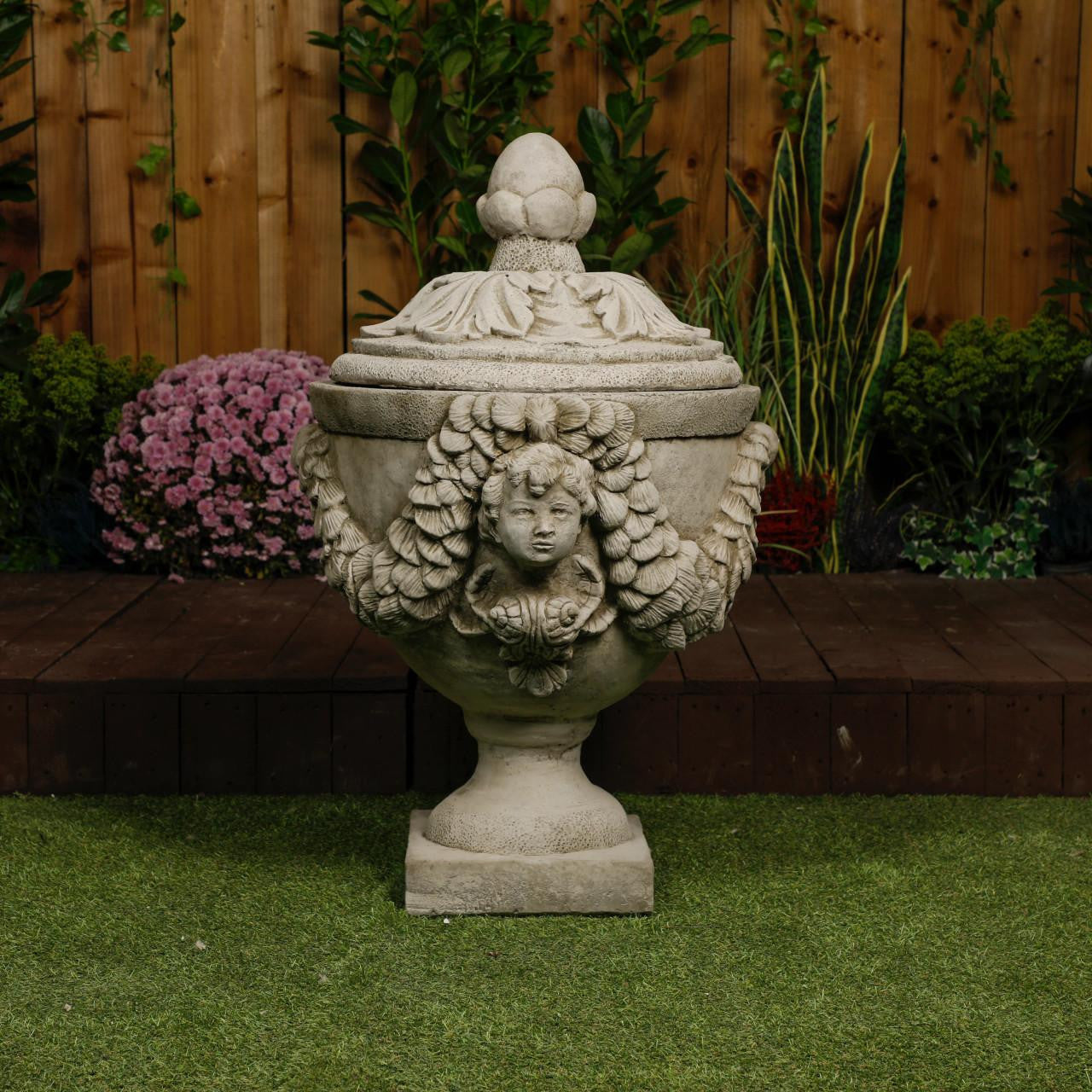 Grand & Ornate Stone Cast Cherub Planter (Lid not Included)