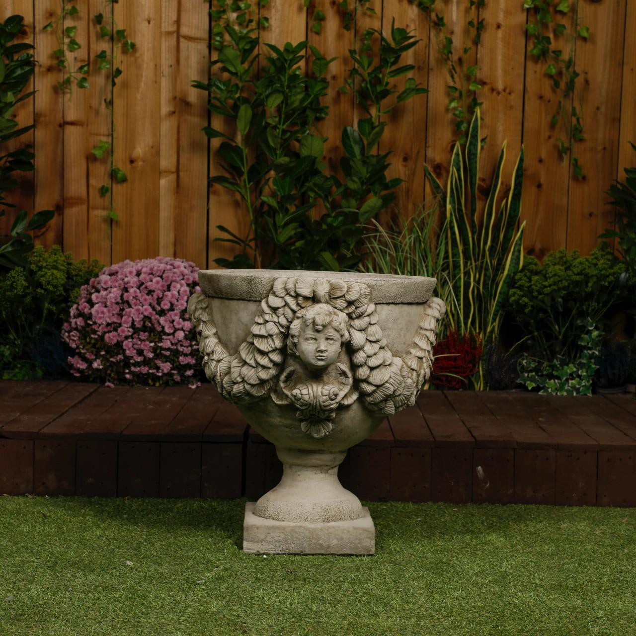 Grand & Ornate Stone Cast Cherub Planter (Lid not Included)