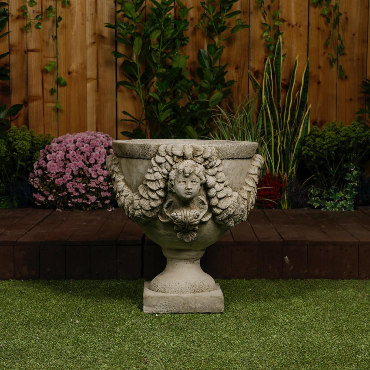 Grand & Ornate Stone Cast Cherub Planter (Lid not Included)