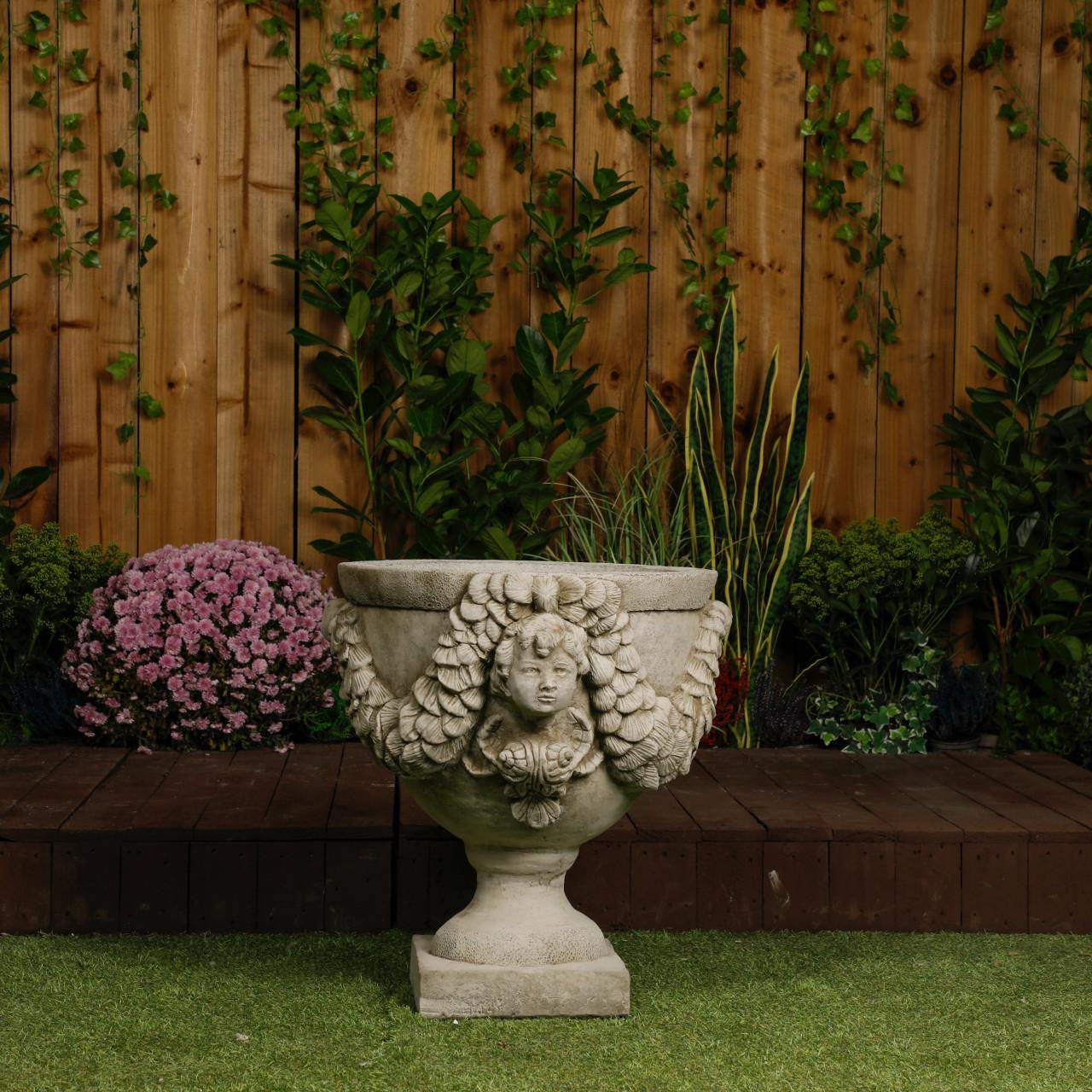 Grand & Ornate Stone Cast Cherub Planter (Lid not Included)