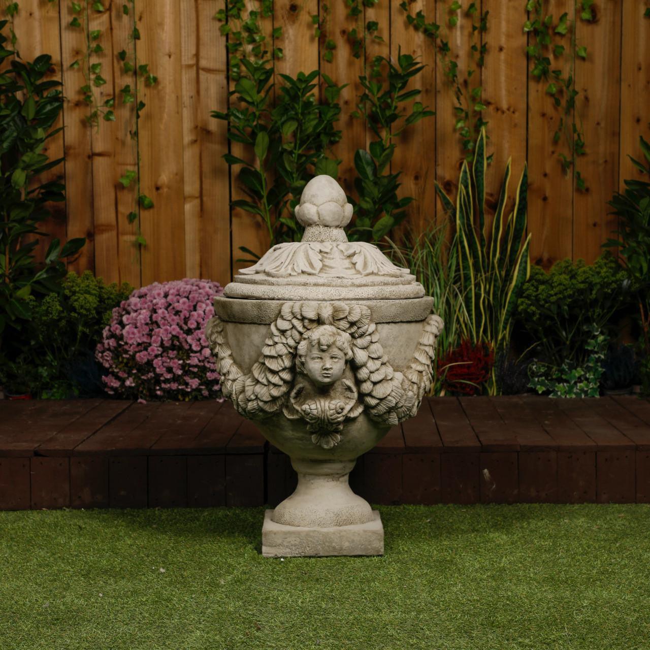 Grand & Ornate Stone Cast Cherub Planter (Lid not Included)