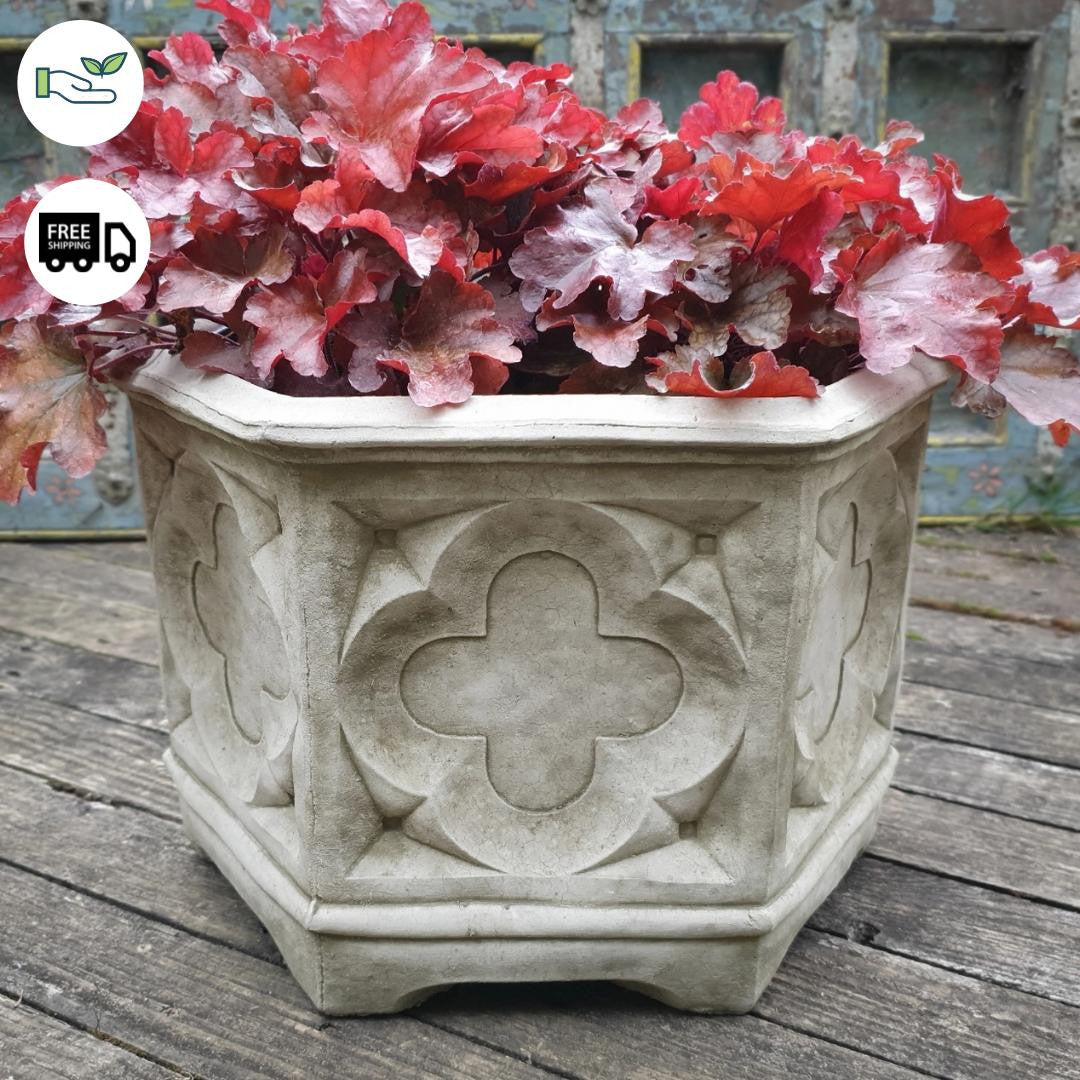 Hexagonal Gothic style Stone Cast Flowerpot