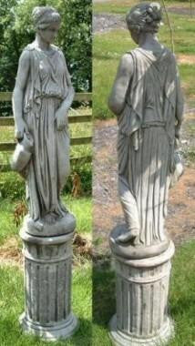 Large Female Statues Rose Lady and Girl with Jug on Pedestals