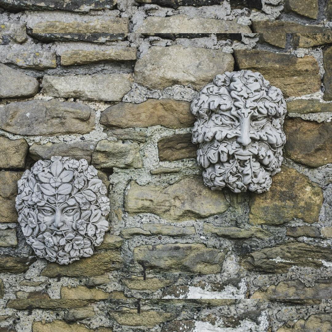 Large Green Man and Woman Stone Cast Leaf Wall Plaques