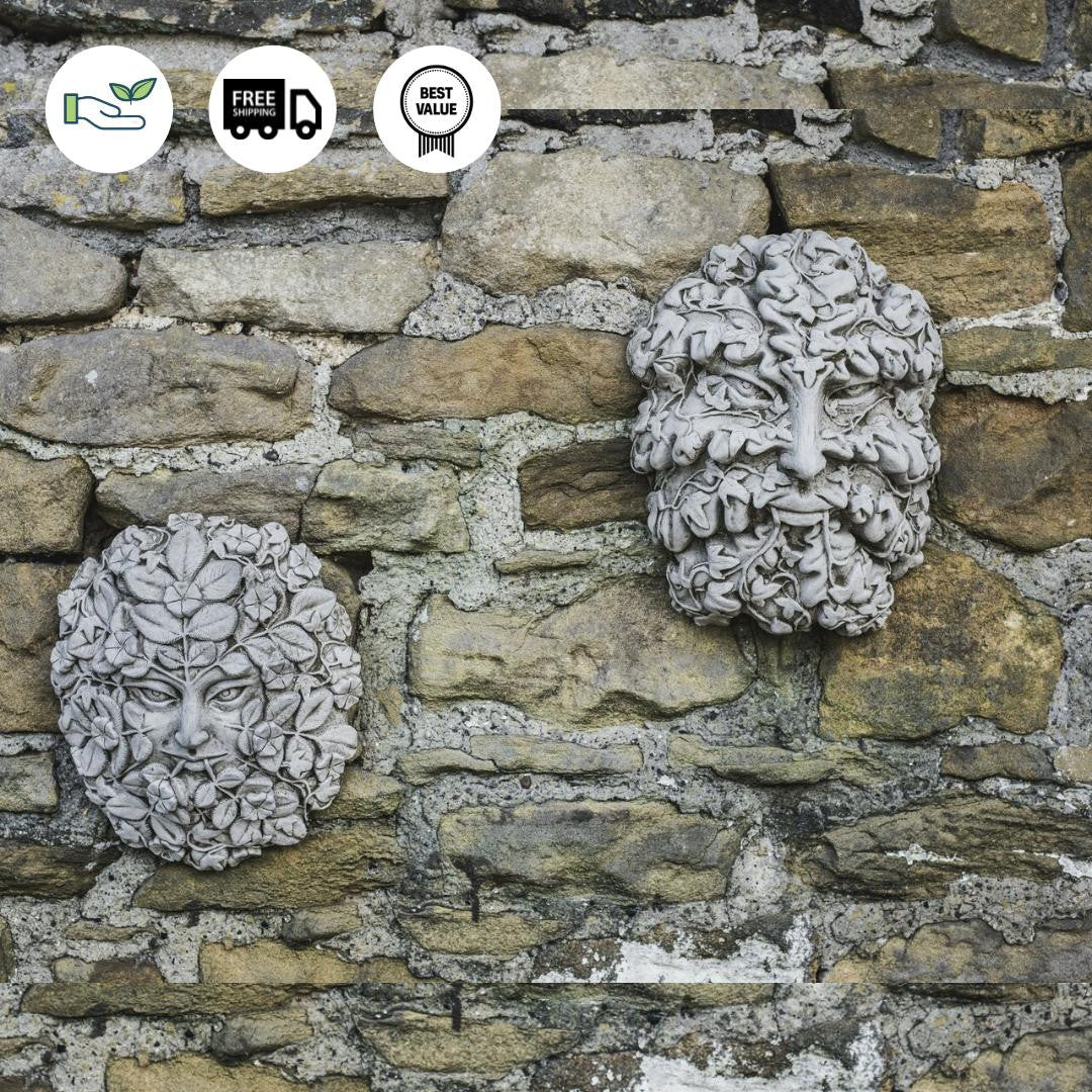 Large Green Man and Woman Stone Cast Leaf Wall Plaques