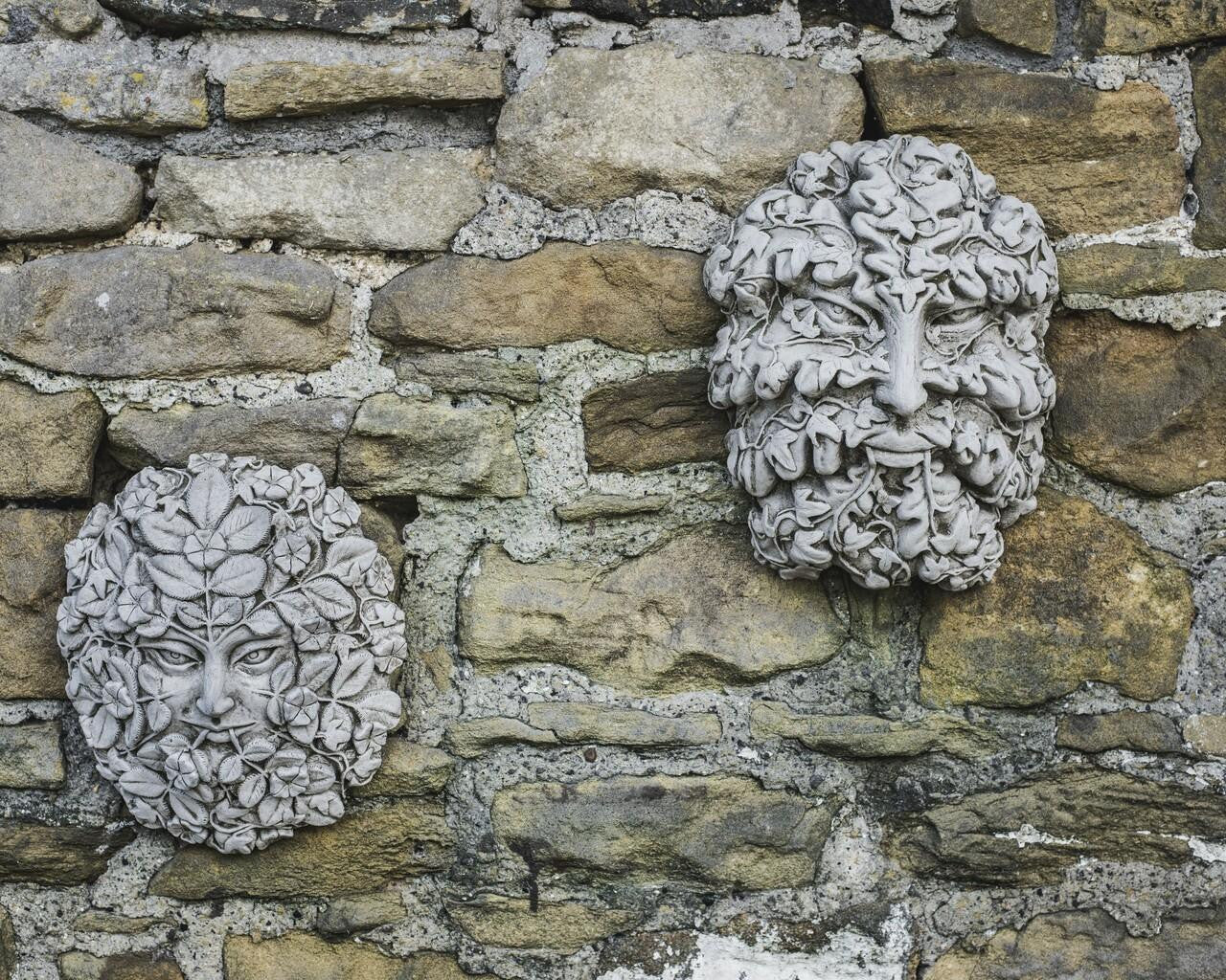 Large Green Man and Woman Stone Cast Leaf Wall Plaques