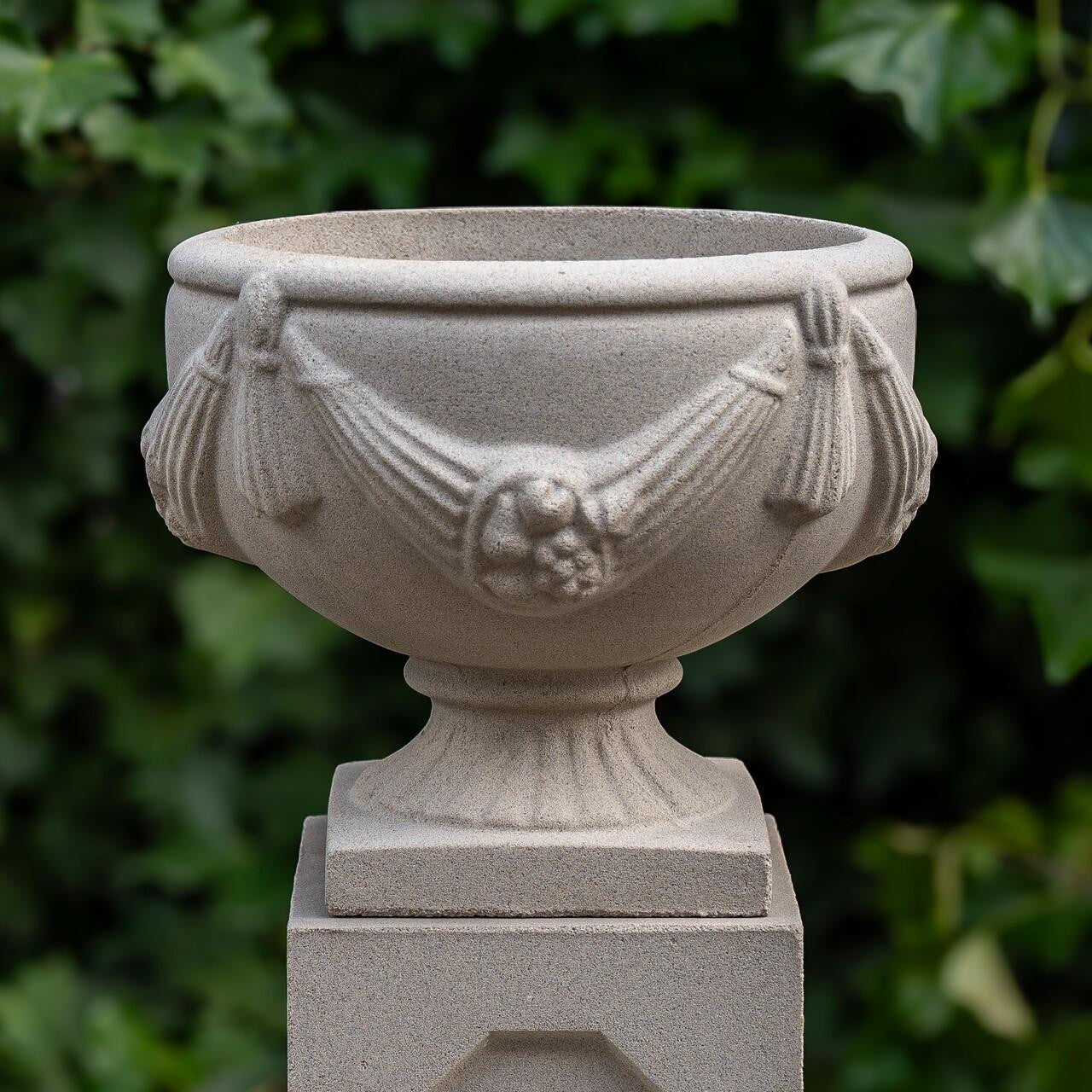 Large Round Sandstone Garden Urn on Square Plinth