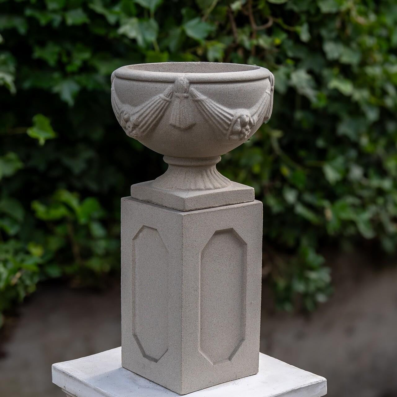 Large Round Sandstone Garden Urn on Square Plinth