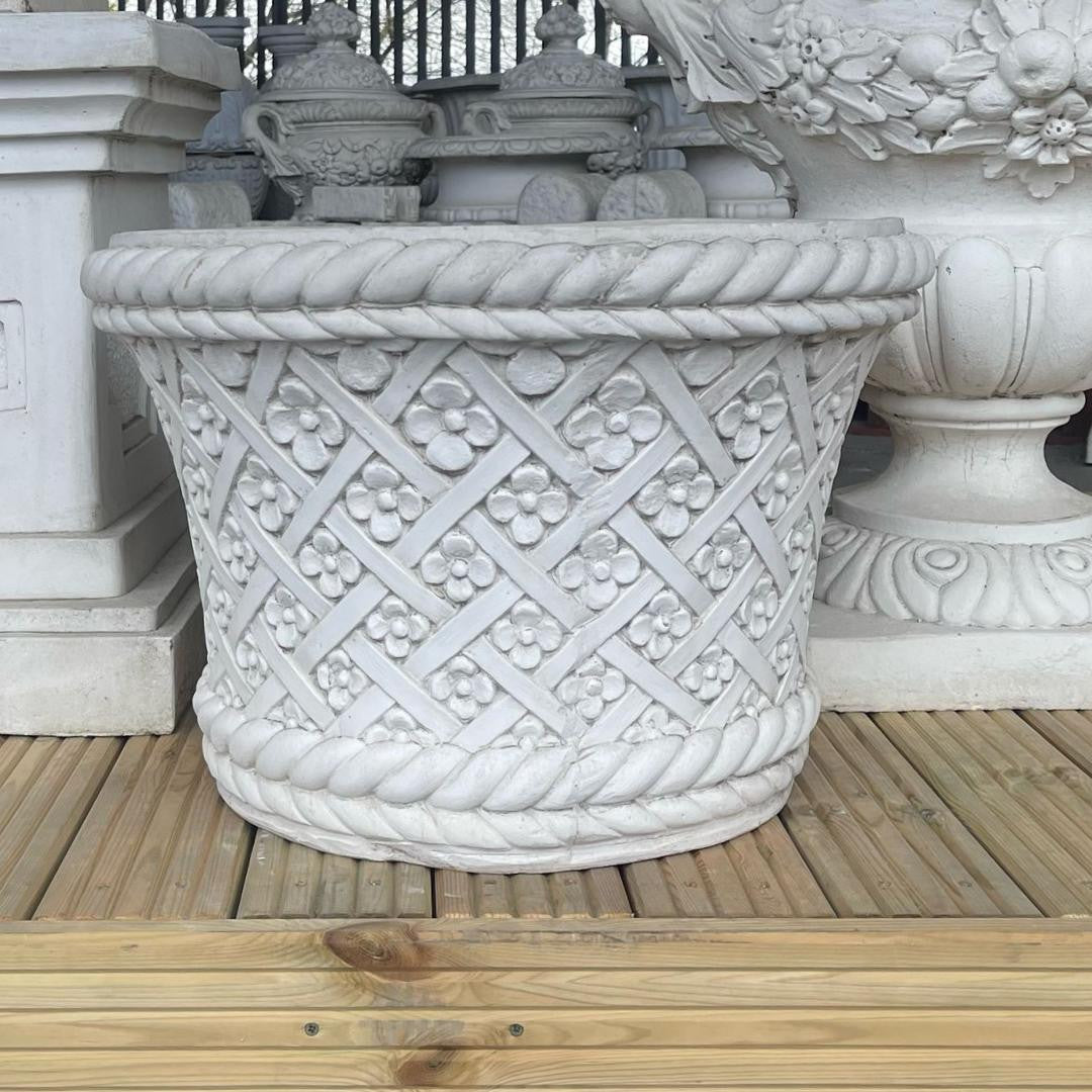 Large Round White Stone Cast Wicker/Flower Design Planter Pot