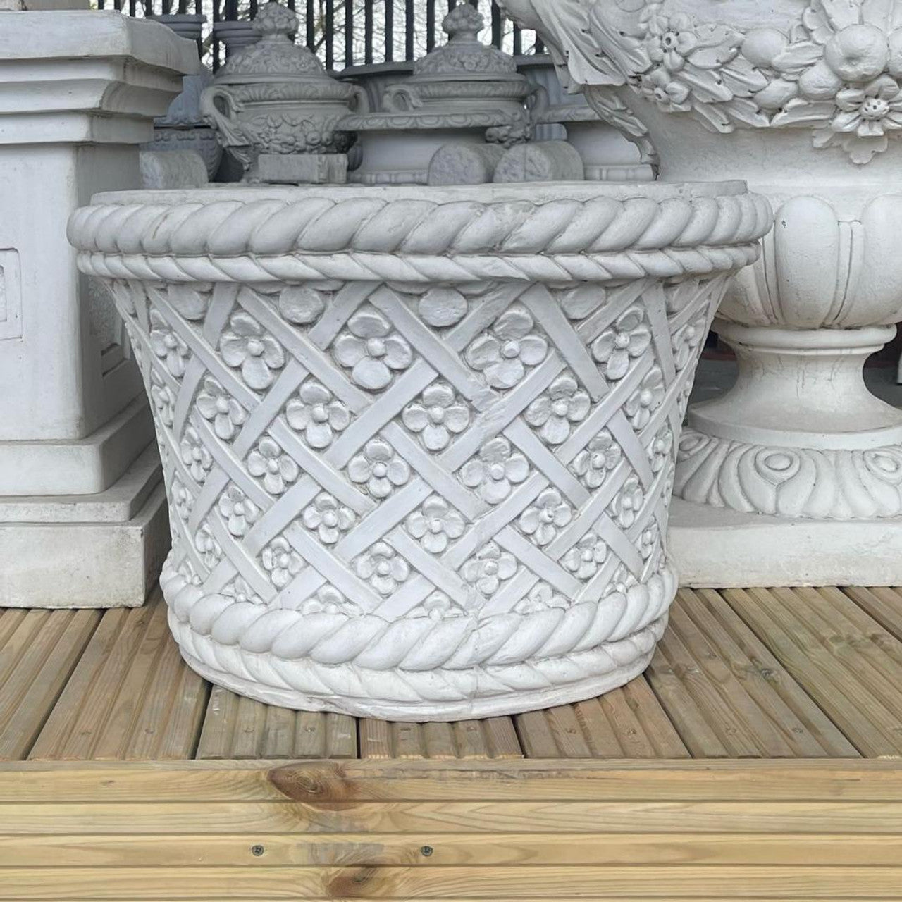 Large Round White Stone Cast Wicker/Flower Design Planter Pot