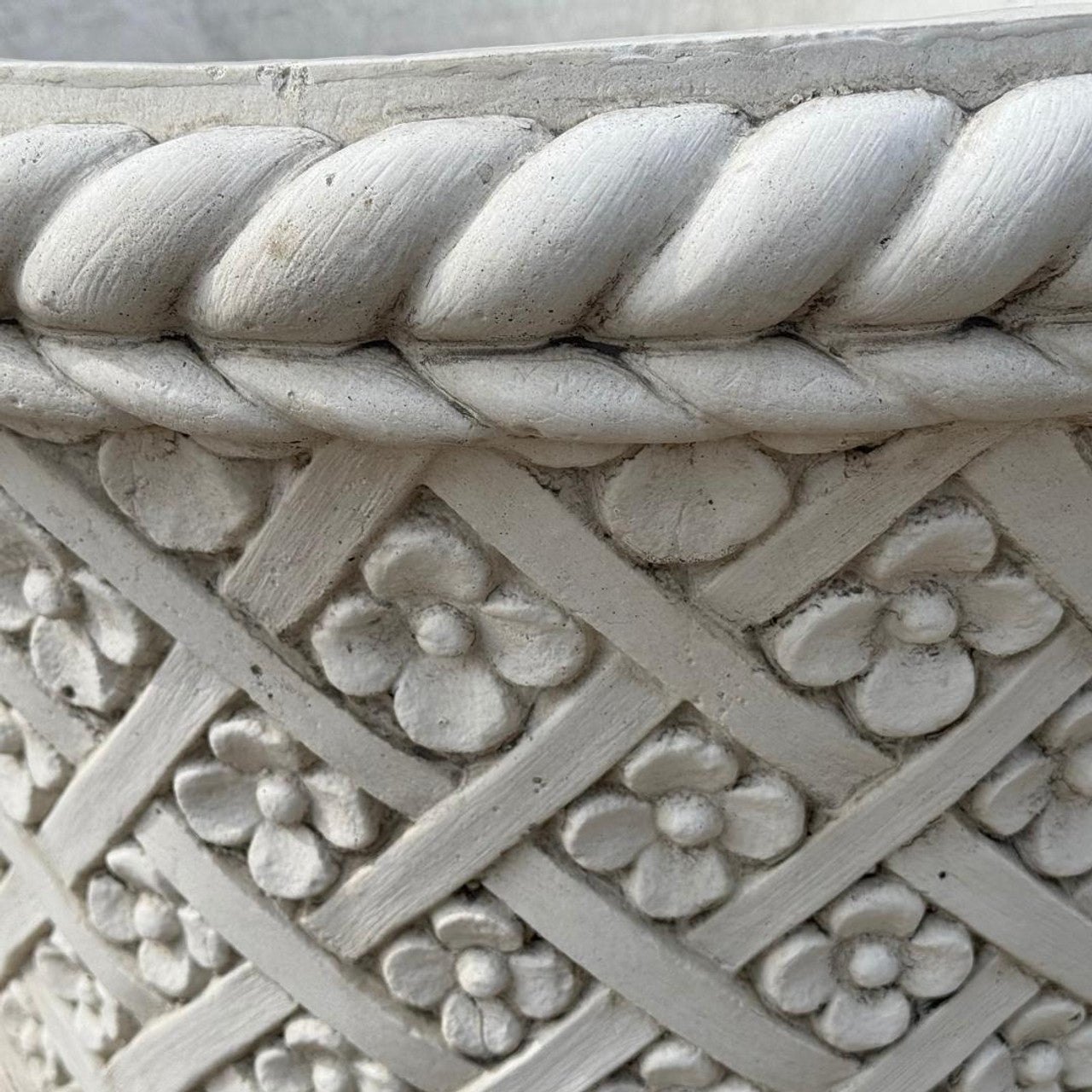 Large Round White Stone Cast Wicker/Flower Design Planter Pot