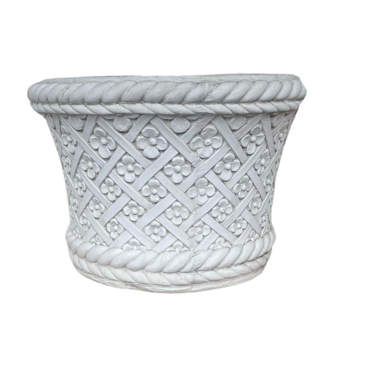 Large Round White Stone Cast Wicker/Flower Design Planter Pot