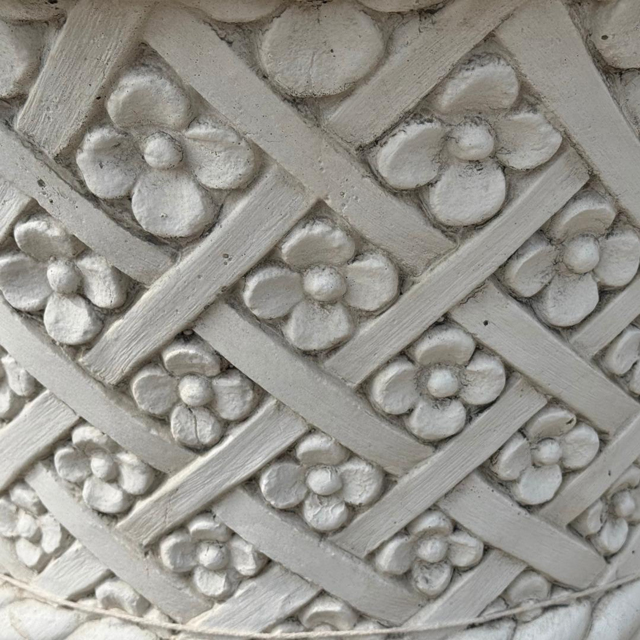 Large Round White Stone Cast Wicker/Flower Design Planter Pot