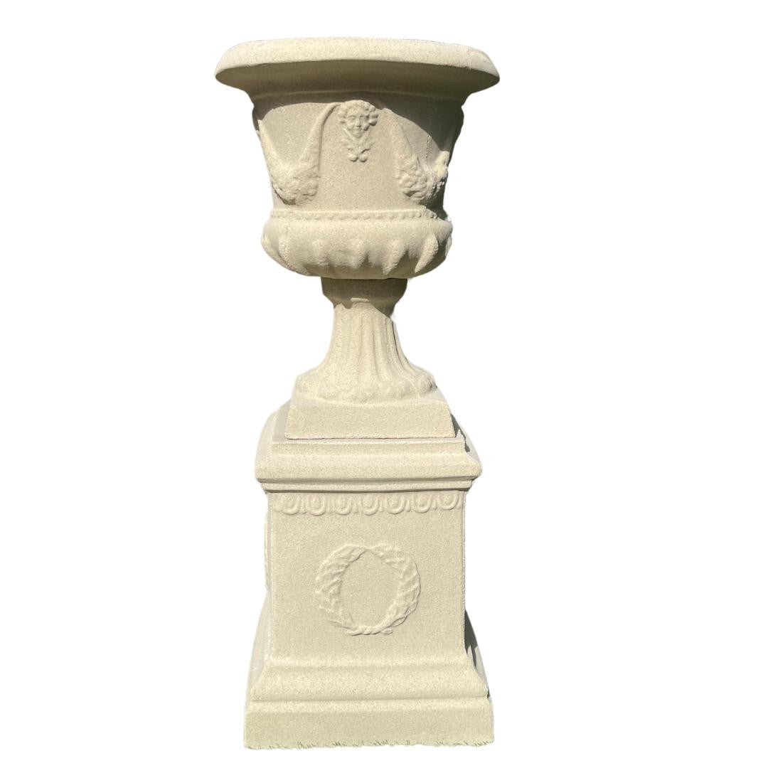 Large Sandstone Fluted Urn and Column with Laurel Wreaths