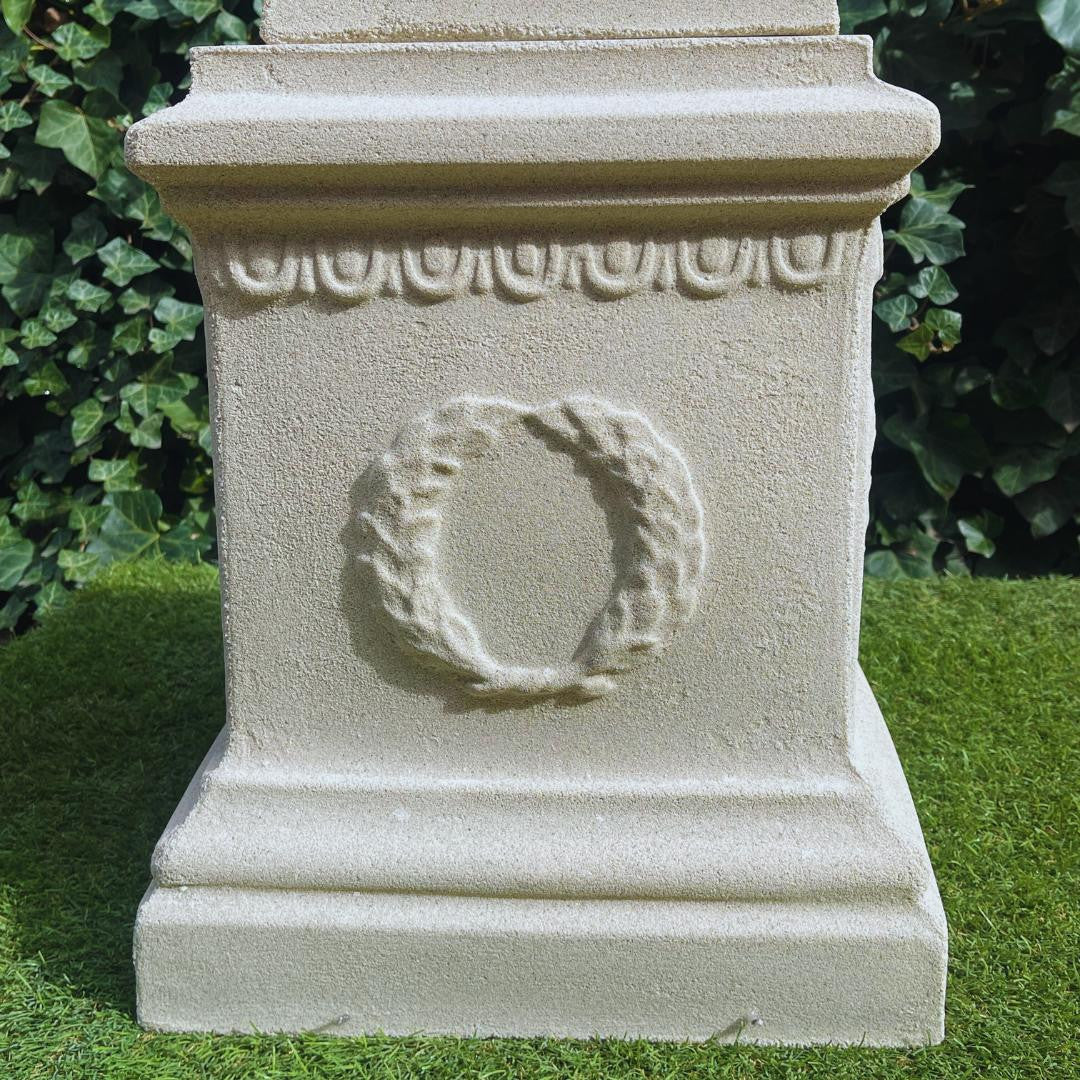 Large Sandstone Fluted Urn and Column with Laurel Wreaths