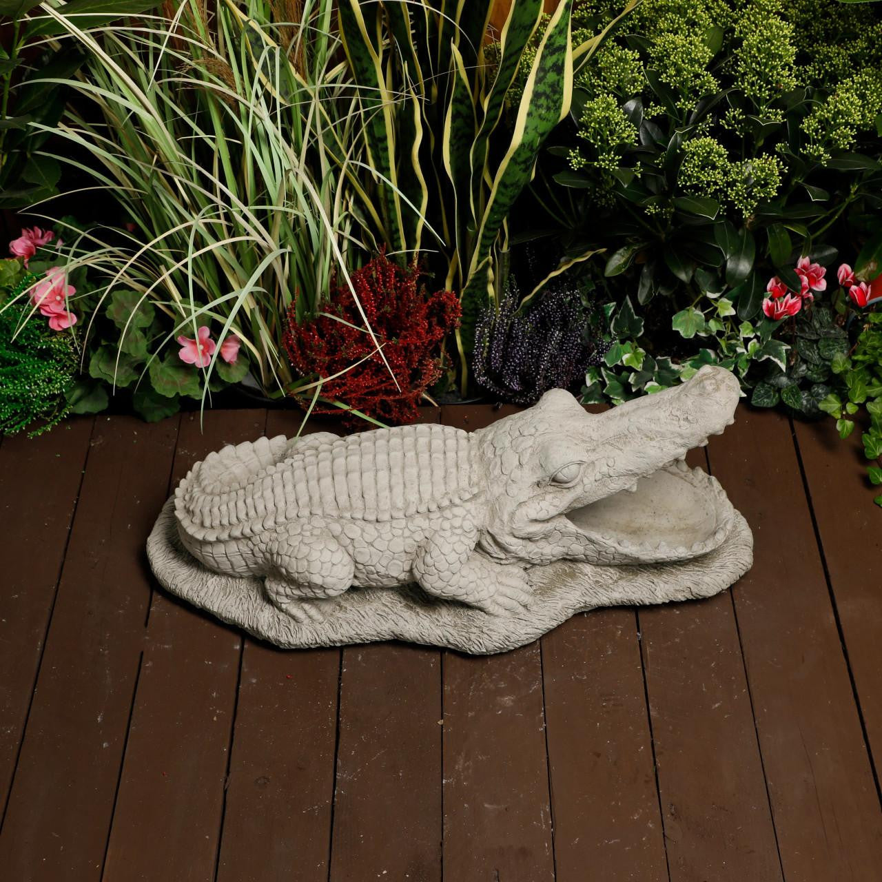 Large Stone Cast Crocodile Ornament with Mouth Open