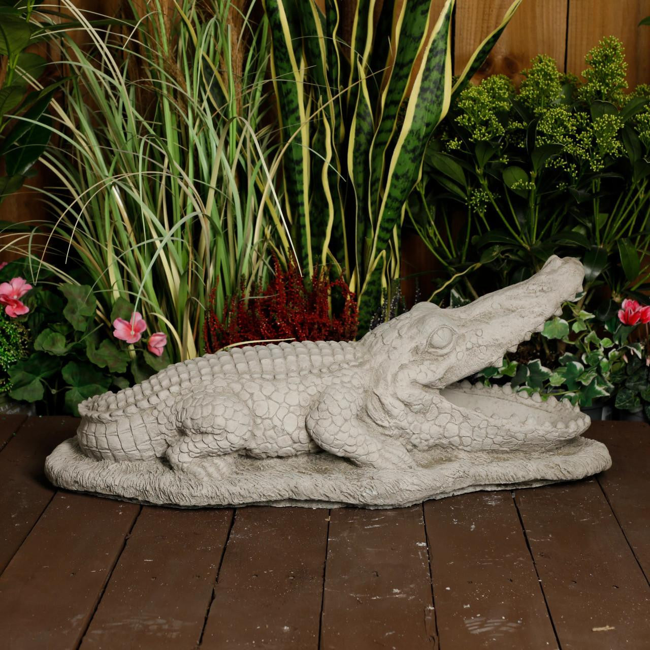 Large Stone Cast Crocodile Ornament with Mouth Open