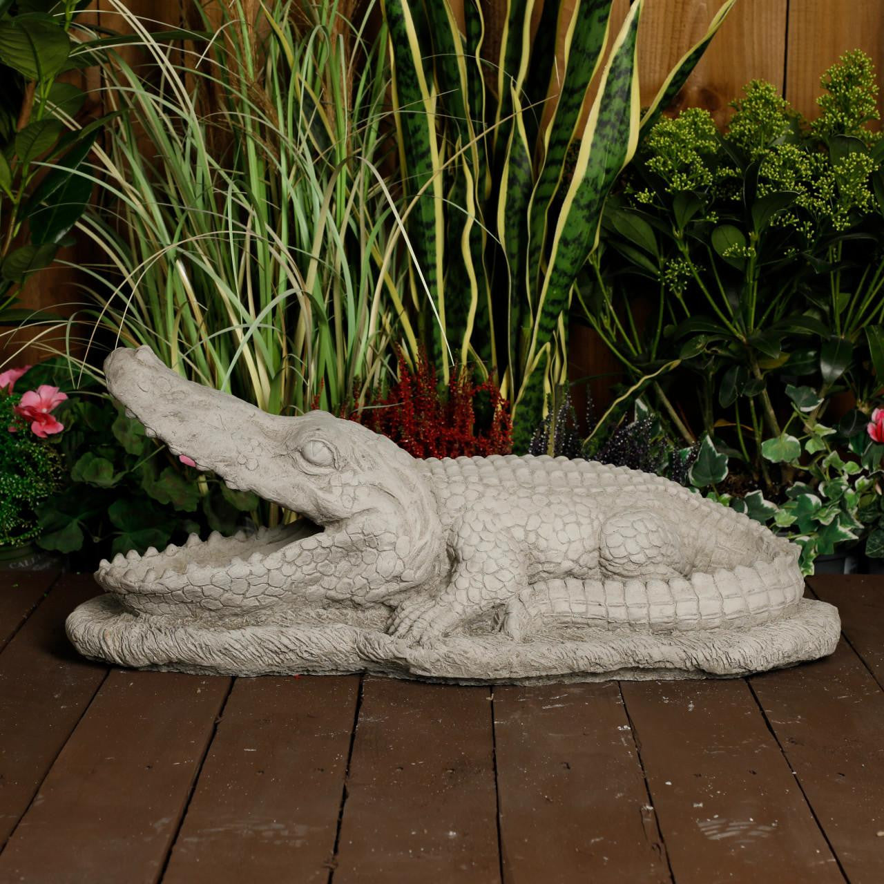 Large Stone Cast Crocodile Ornament with Mouth Open