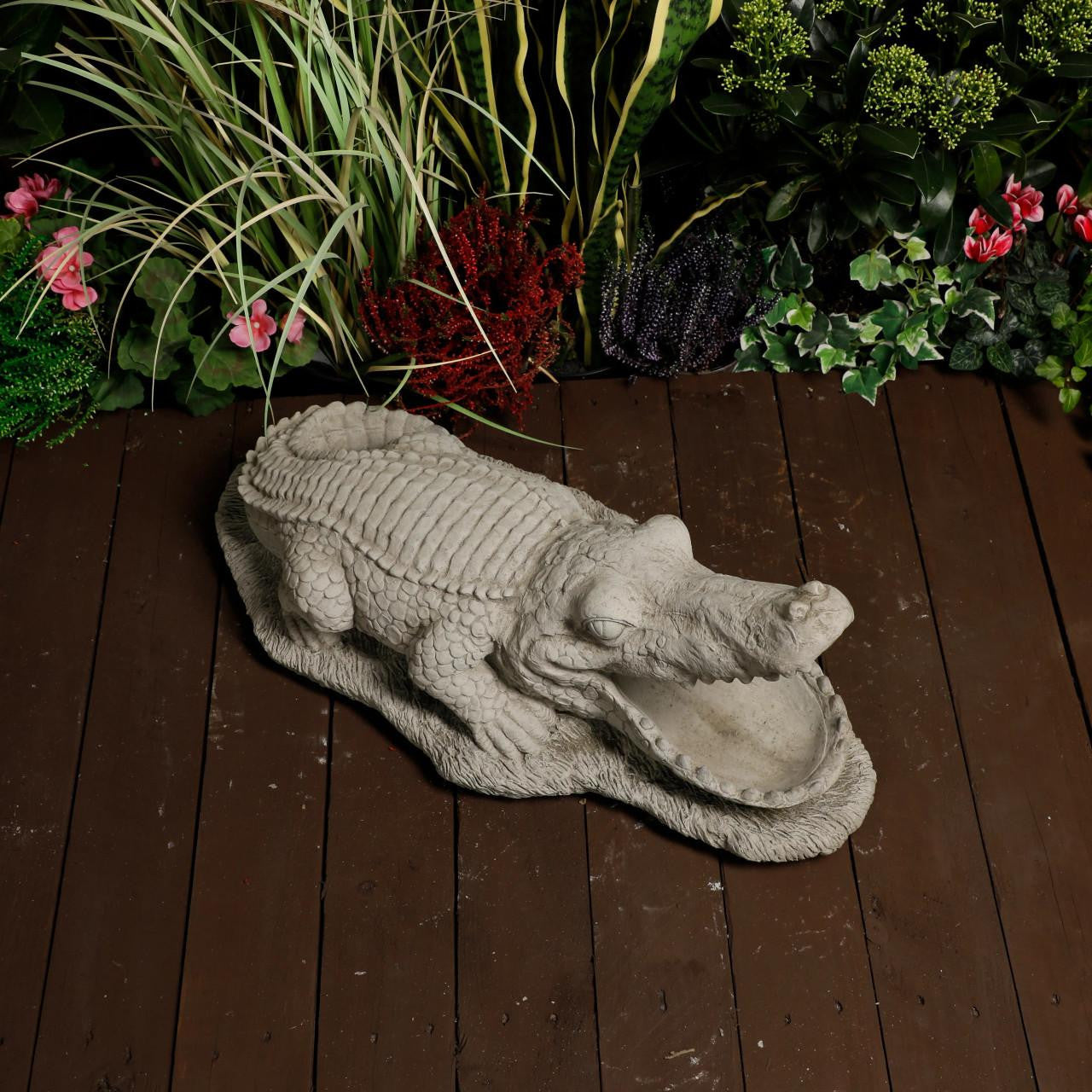 Large Stone Cast Crocodile Ornament with Mouth Open