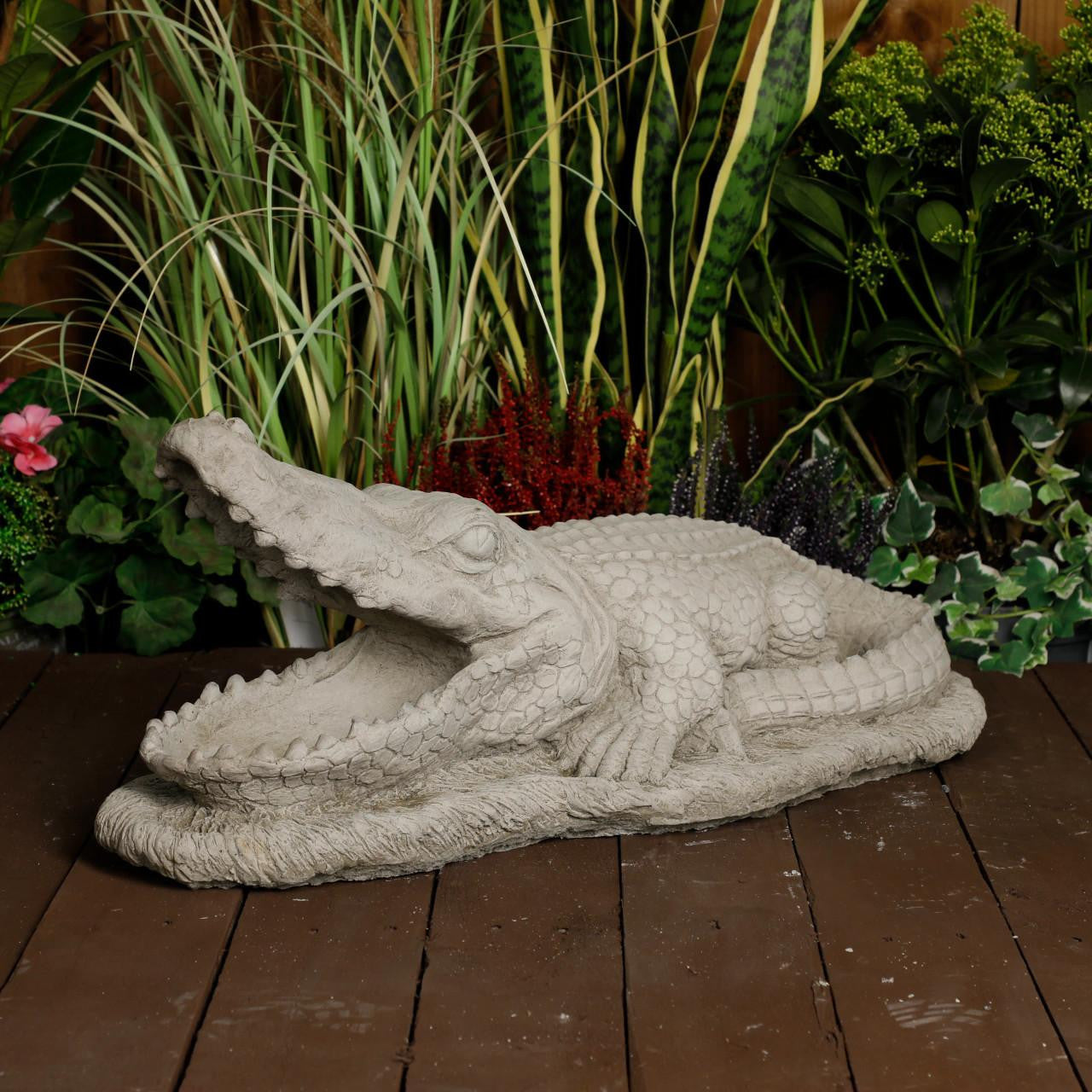 Large Stone Cast Crocodile Ornament with Mouth Open