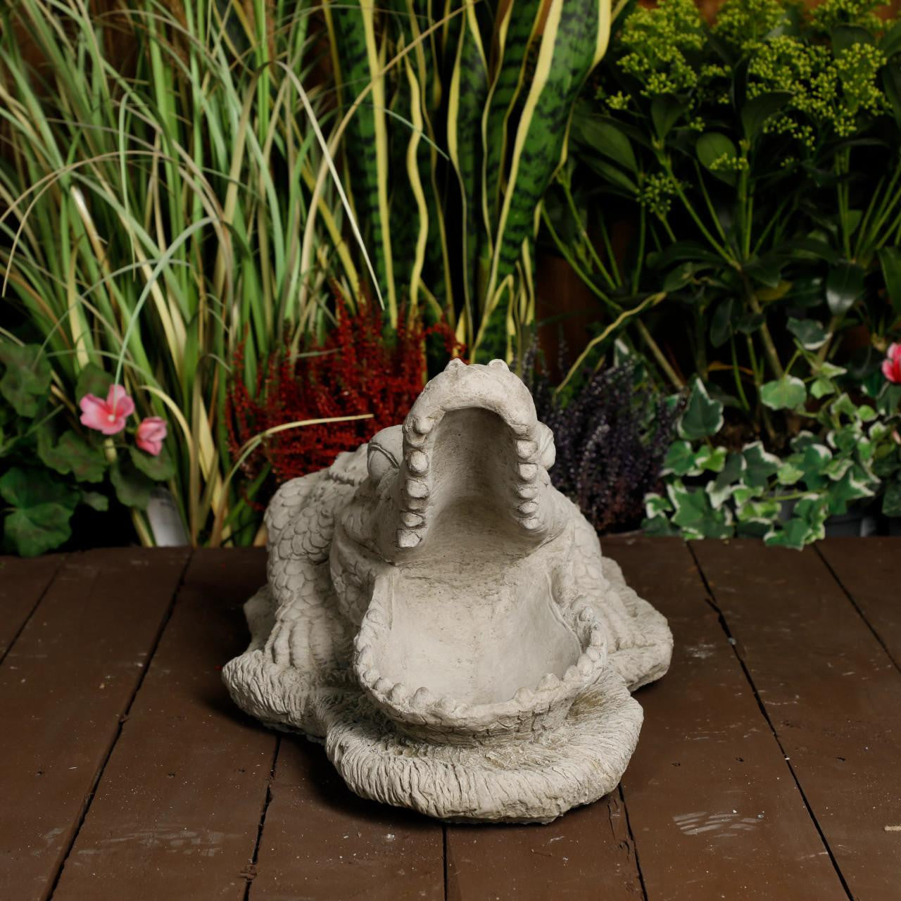 Large Stone Cast Crocodile Ornament with Mouth Open