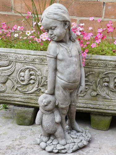 Little Girl with Teddy Bear Garden Ornament