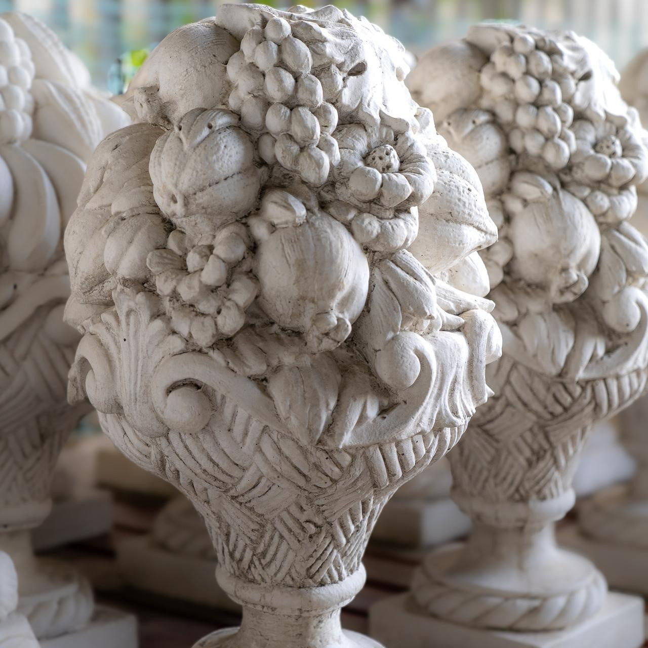 PAIR Giant Vase of Fruit Design Ornaments or Pillar Tops Very Heavy and Detailed