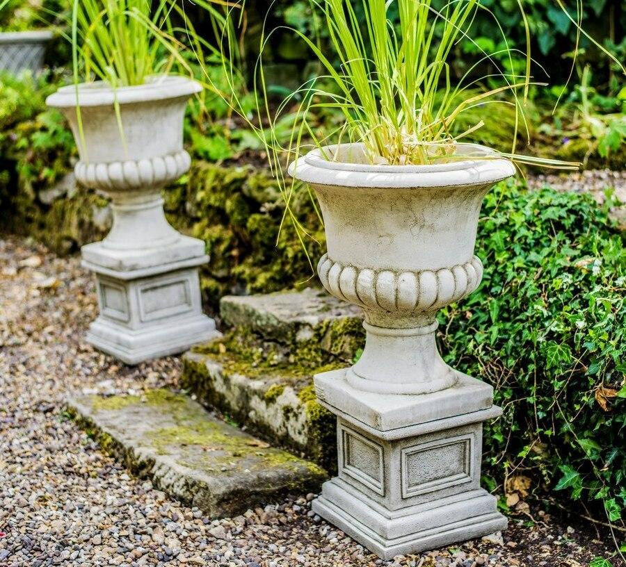 Pair of Classic Stone Garden Urns with Columns