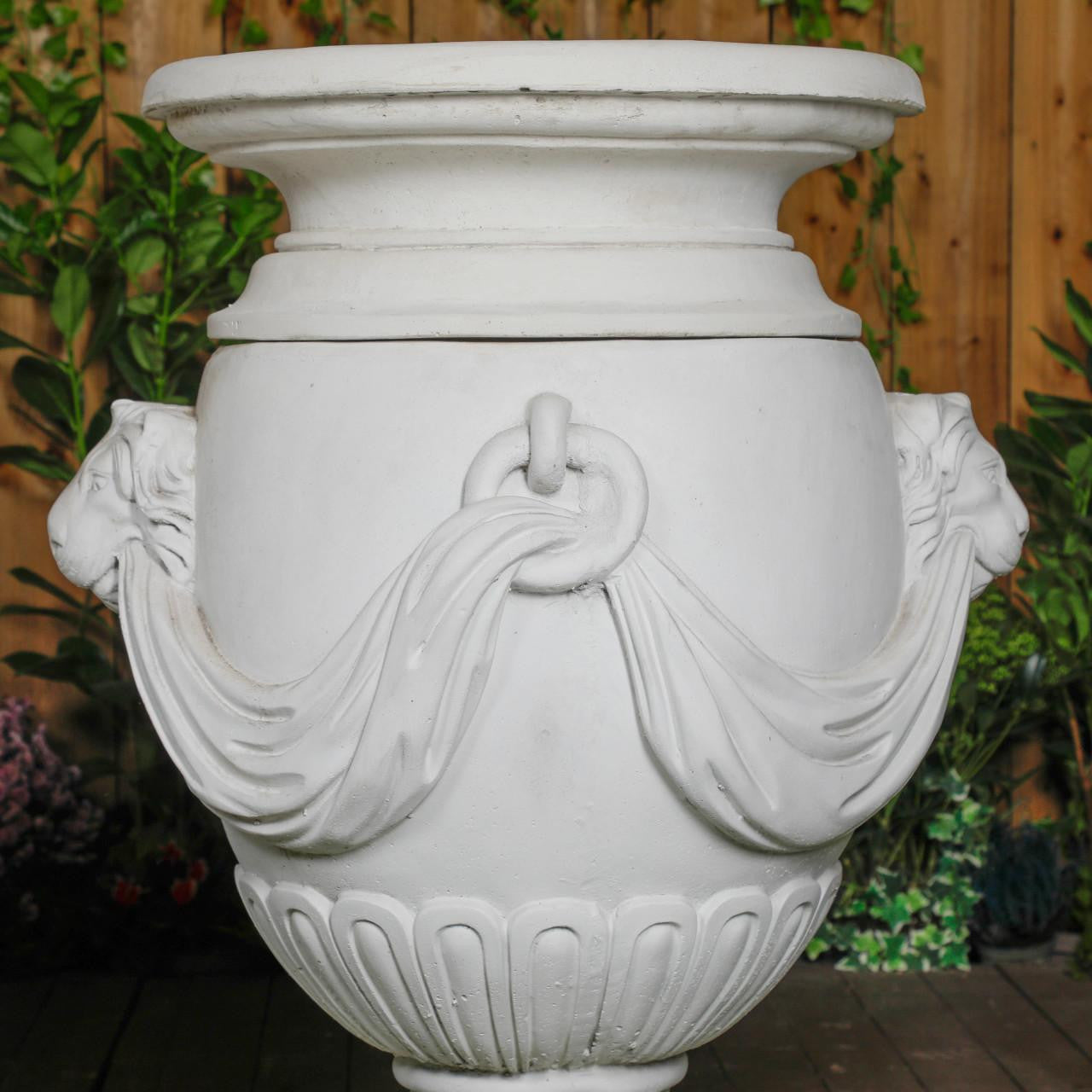 Pair of Extremely Large Draped Lion Head Garden Urns