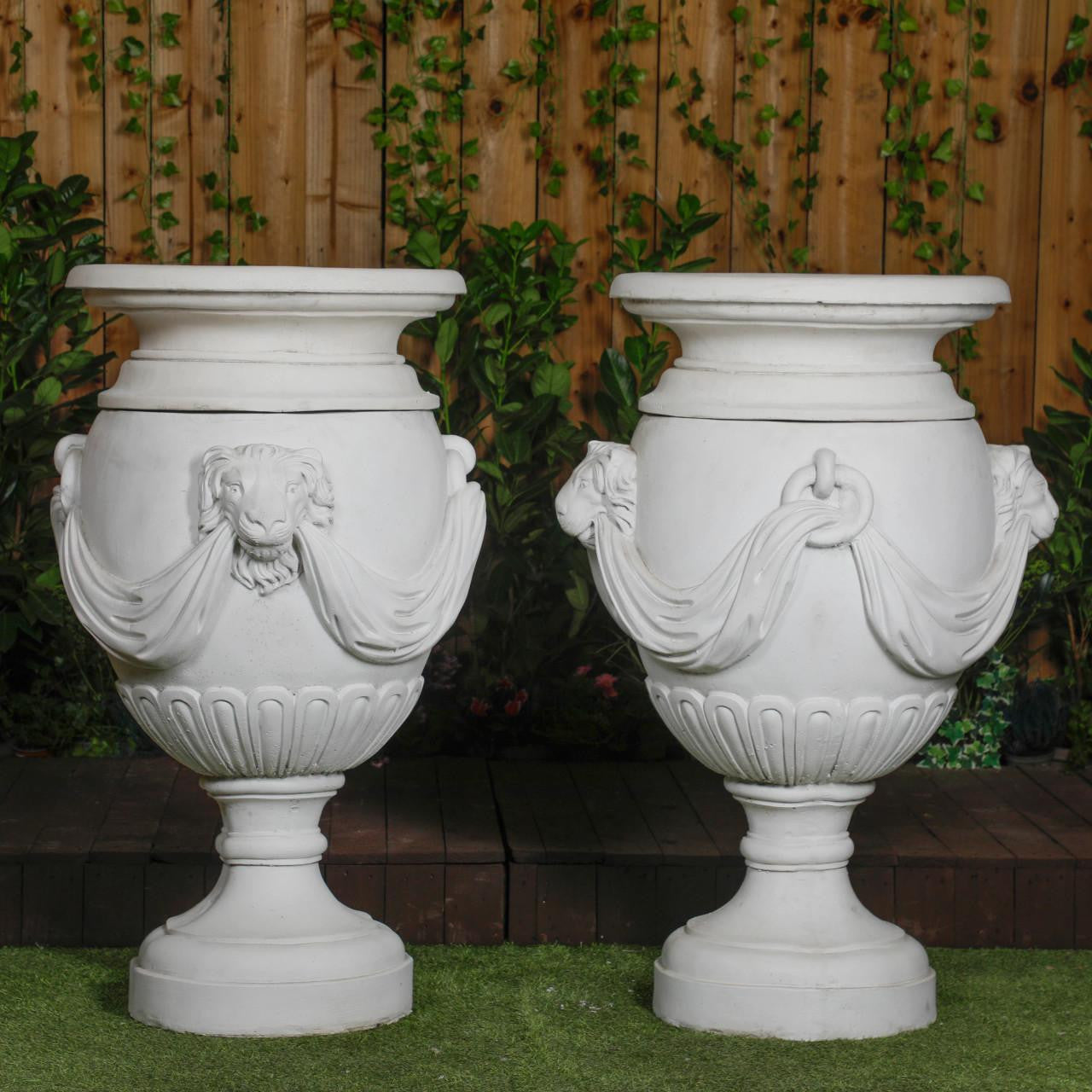 Pair of Extremely Large Draped Lion Head Garden Urns