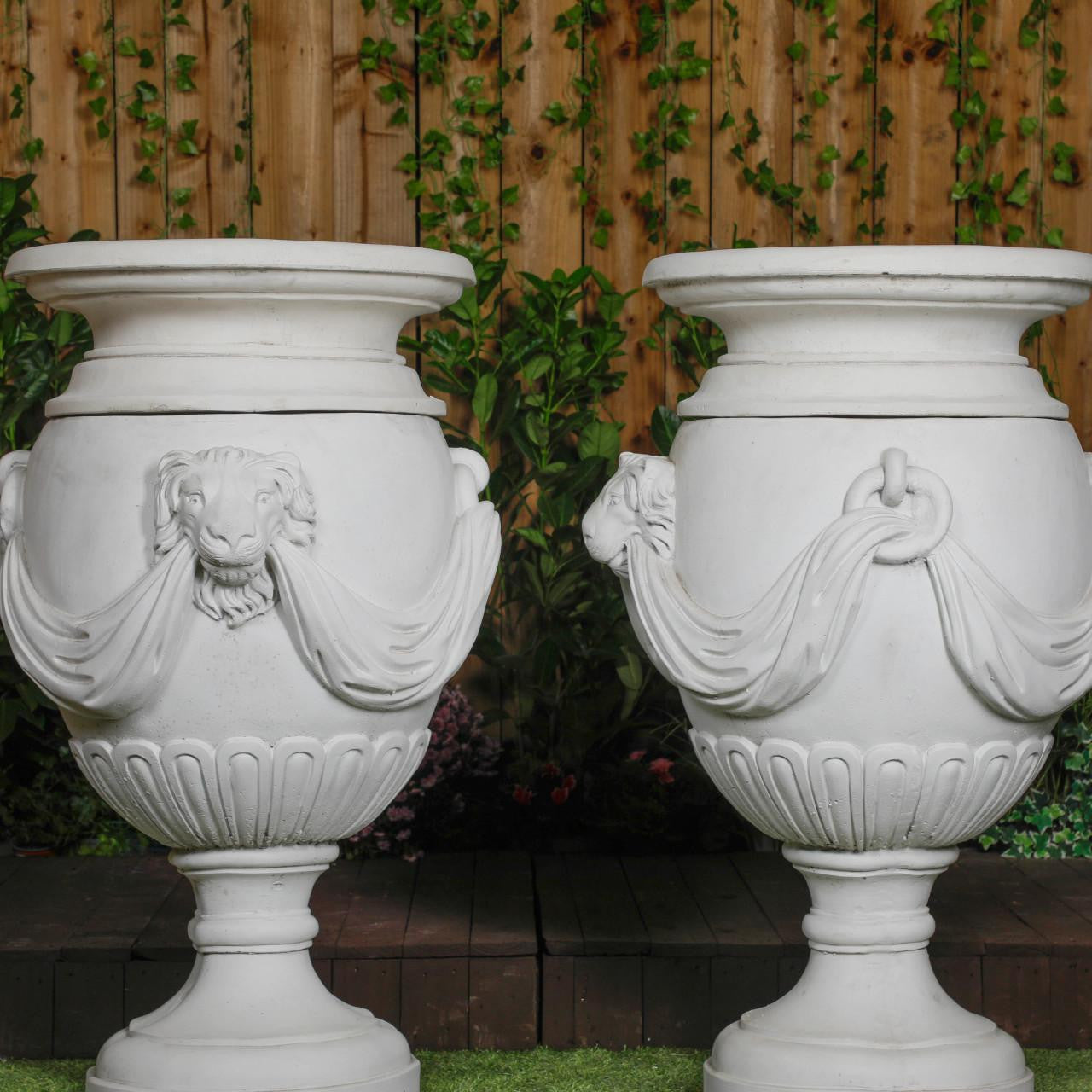 Pair of Extremely Large Draped Lion Head Garden Urns