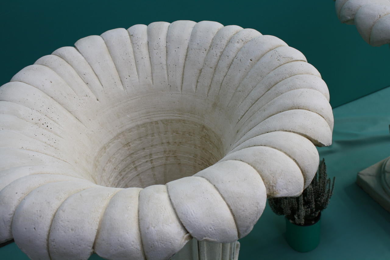 PAIR of GIANT Classic Ancient Greek Style Fluted Vases in White Stone Cast Pots
