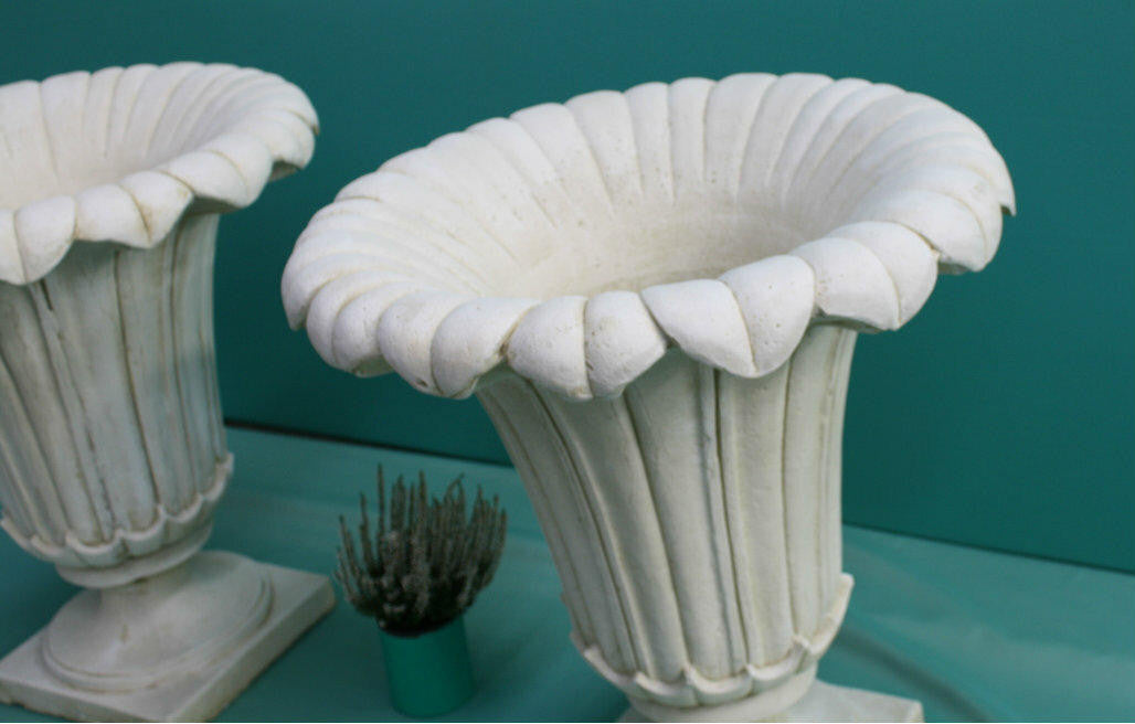 PAIR of GIANT Classic Ancient Greek Style Fluted Vases in White Stone Cast Pots