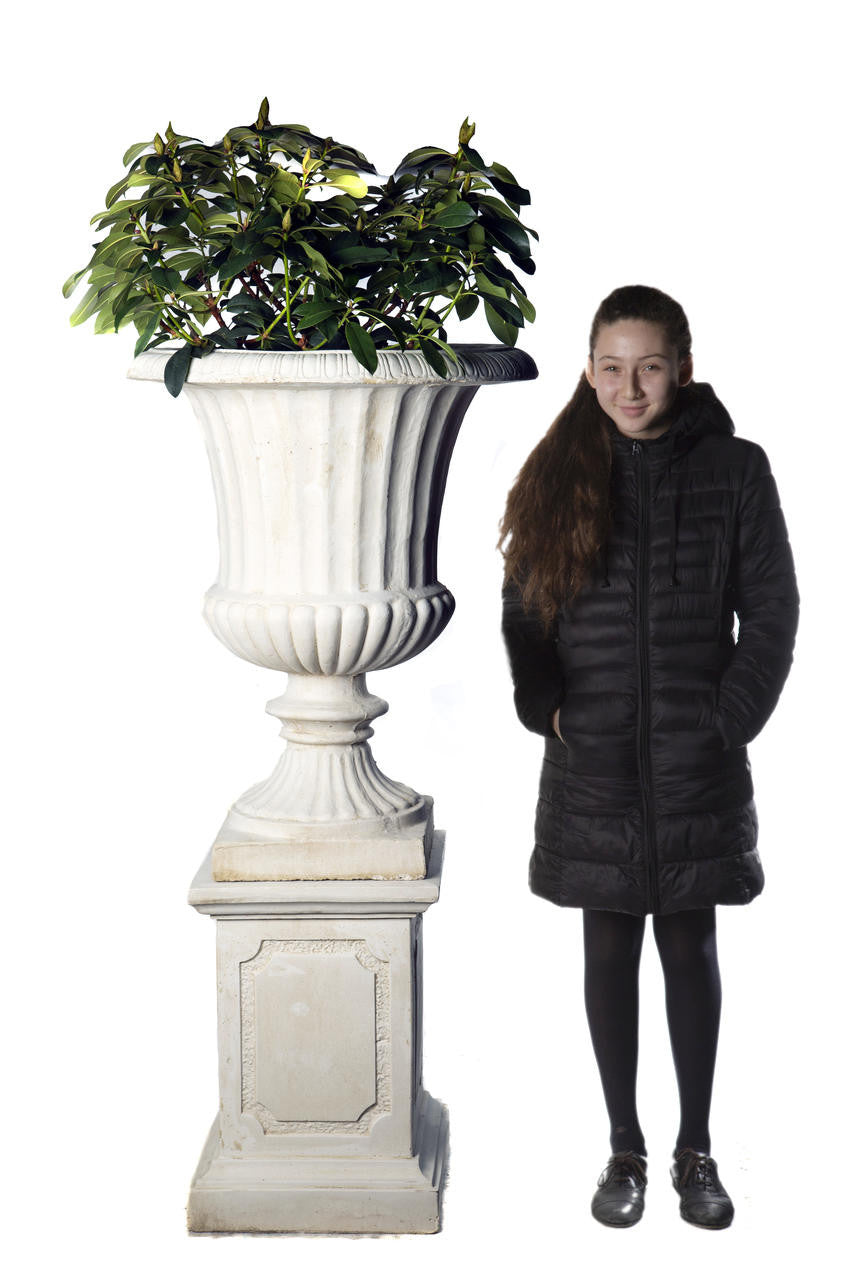 Pair of Giant Flute White Stone Garden Vases on Plinths