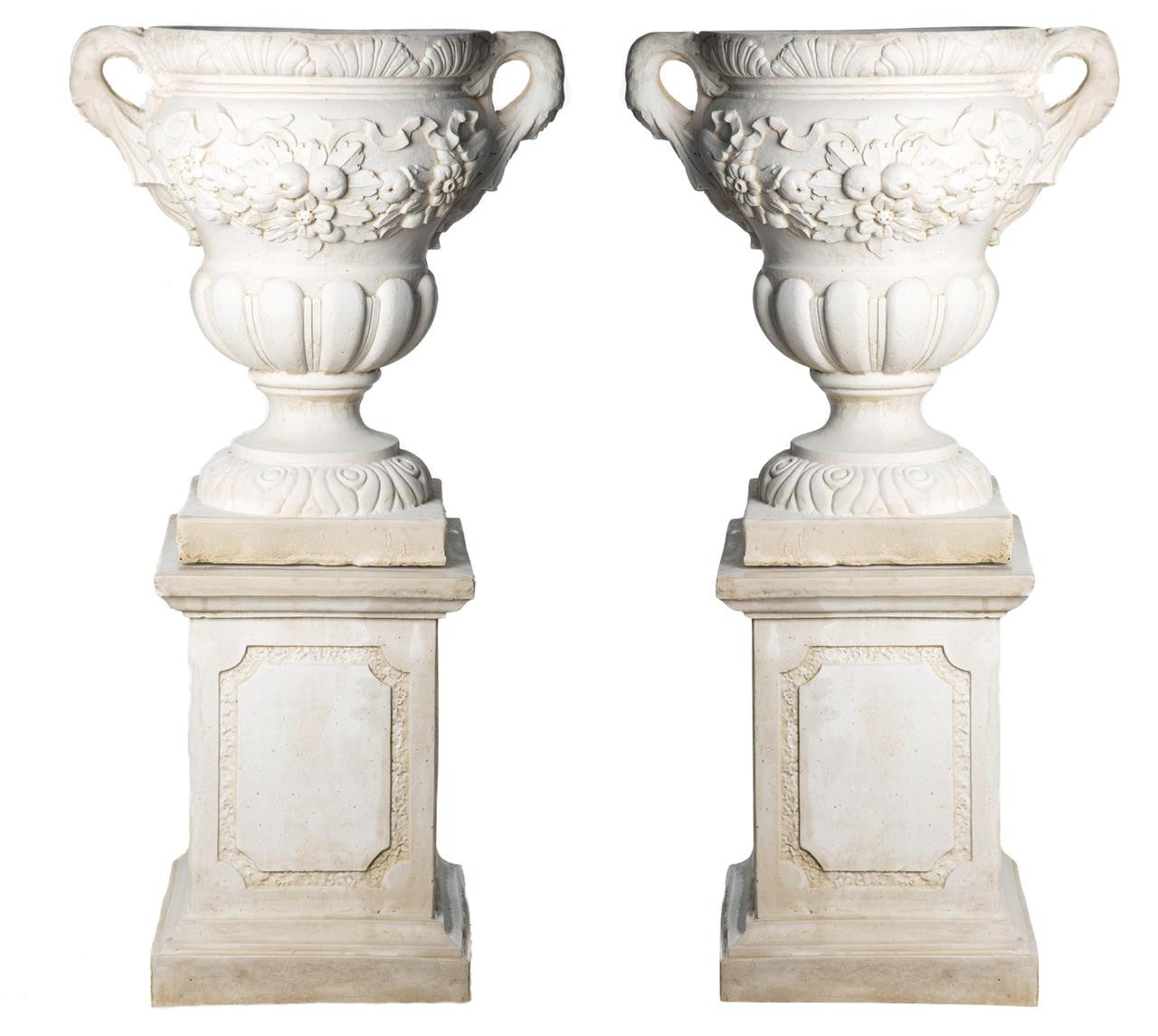 Pair of Giant Fruit design Stone Vases on Plinths
