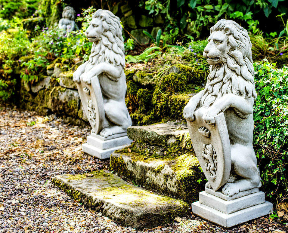 Pair of Large Garden Gateway Lion Statues with shields
