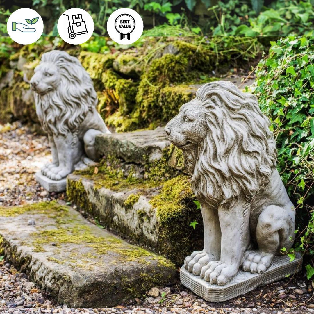 Pair of Sitting Lions stone garden statue
