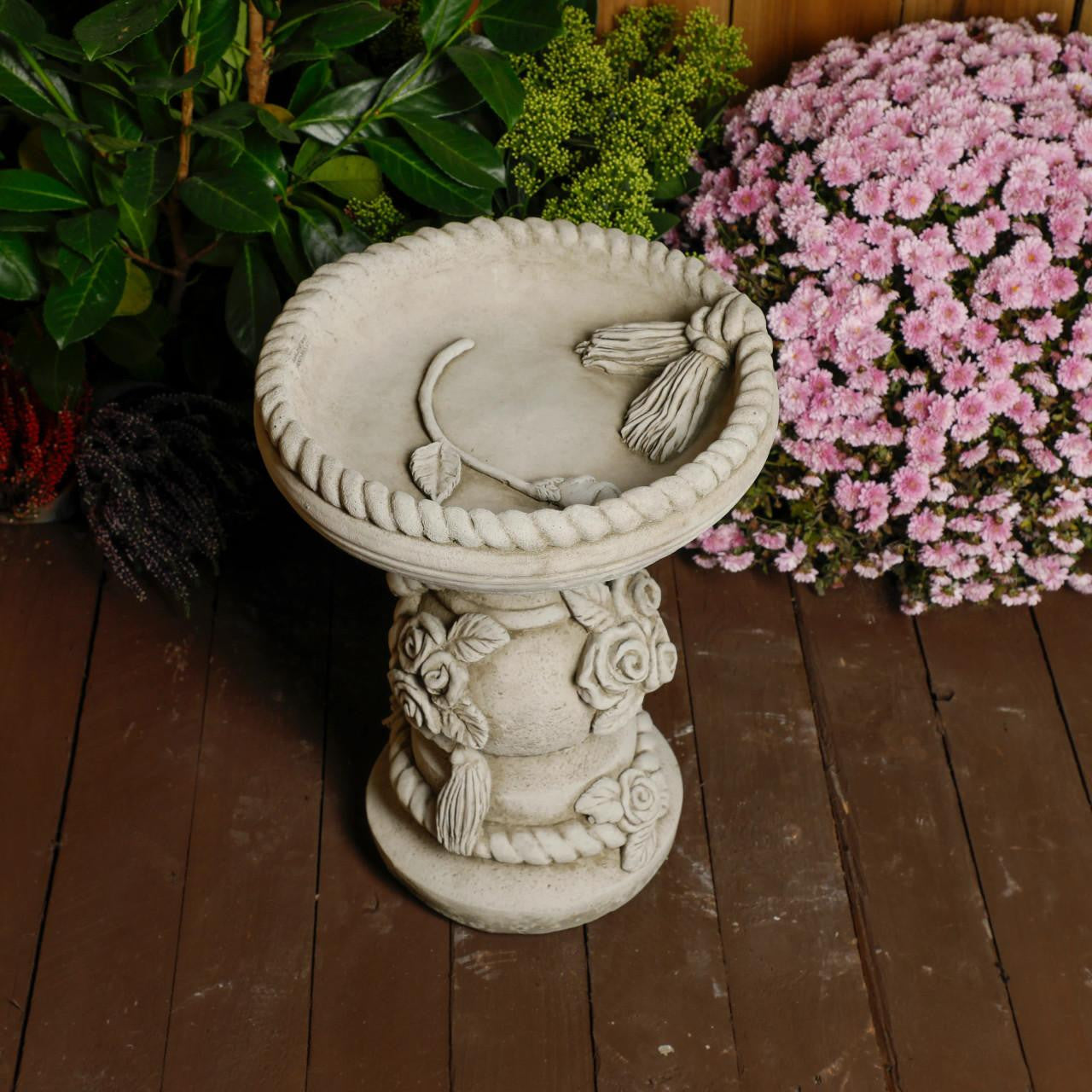 Rose and Rope Design Stone Birdbath