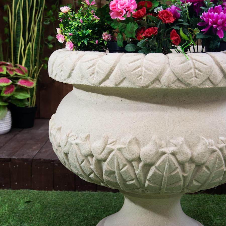 Round Sandstone Urn Vase with Leaf Design