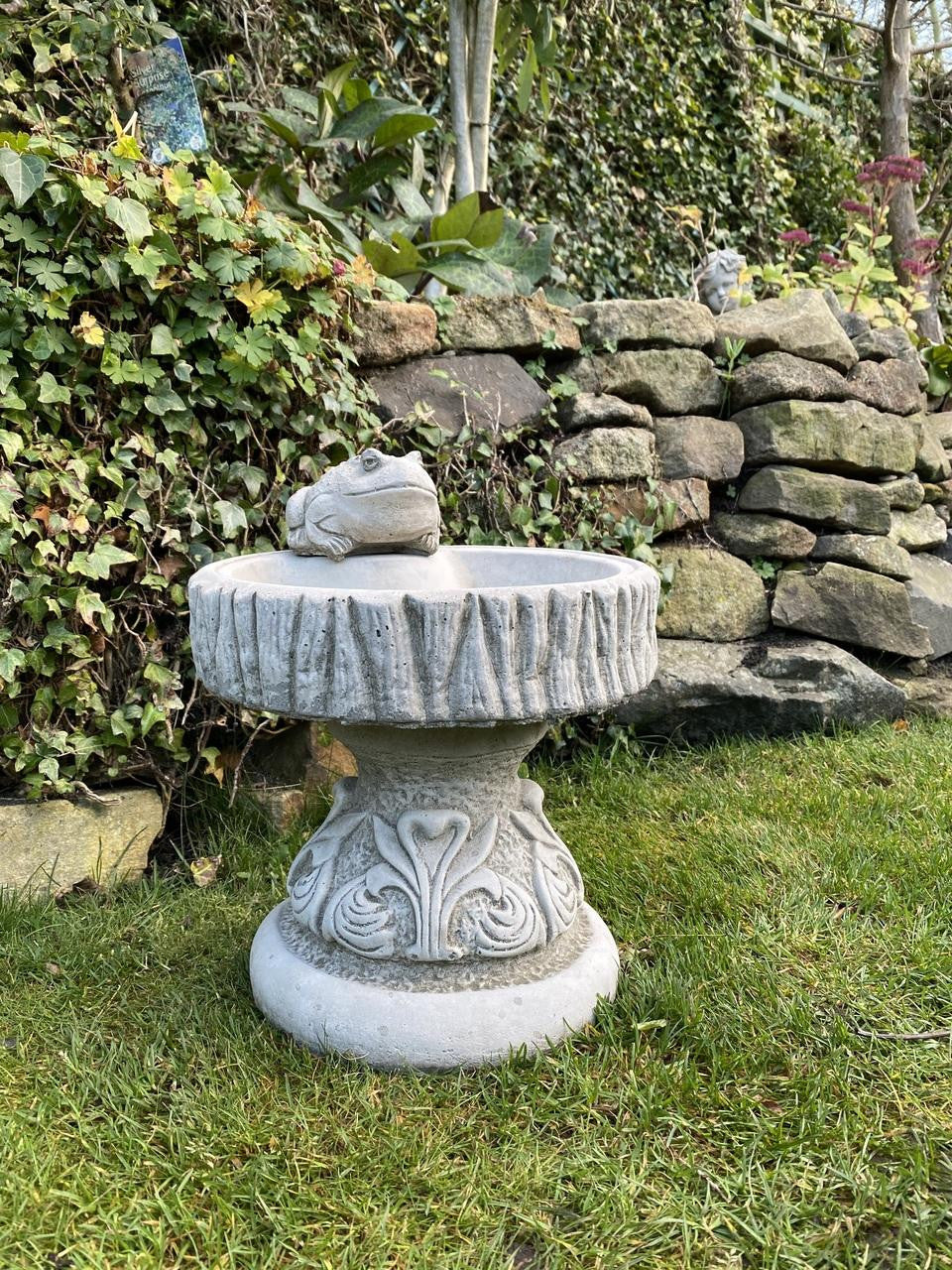 Rustic Garden Birdbath with Frog atop